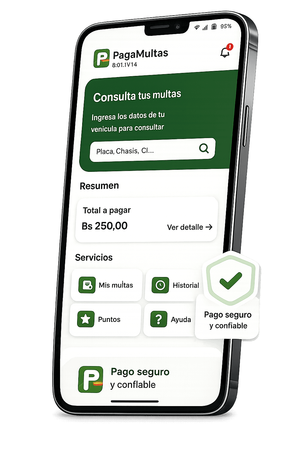 Captura de la app PagaMultas mostrando la consulta y pago de multas